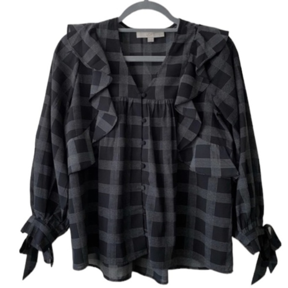 Loft Women's Black Plaid V Neck Button Down Ruffle Blouse Long Sleeve Sz S